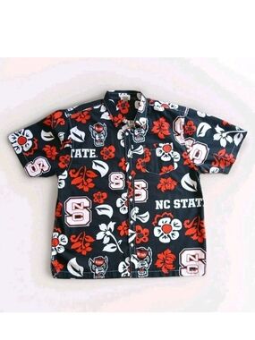 NC State Men’s Short-Sleeve Hawaiian Button-Down Shirt Cotton Black & Red XL